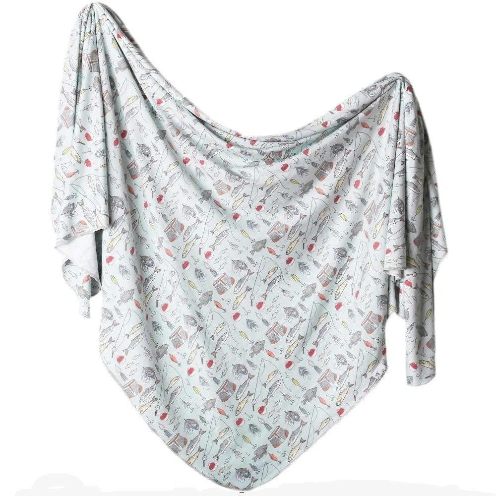 Kids Fishing Print Bandana Bib - Light Gray